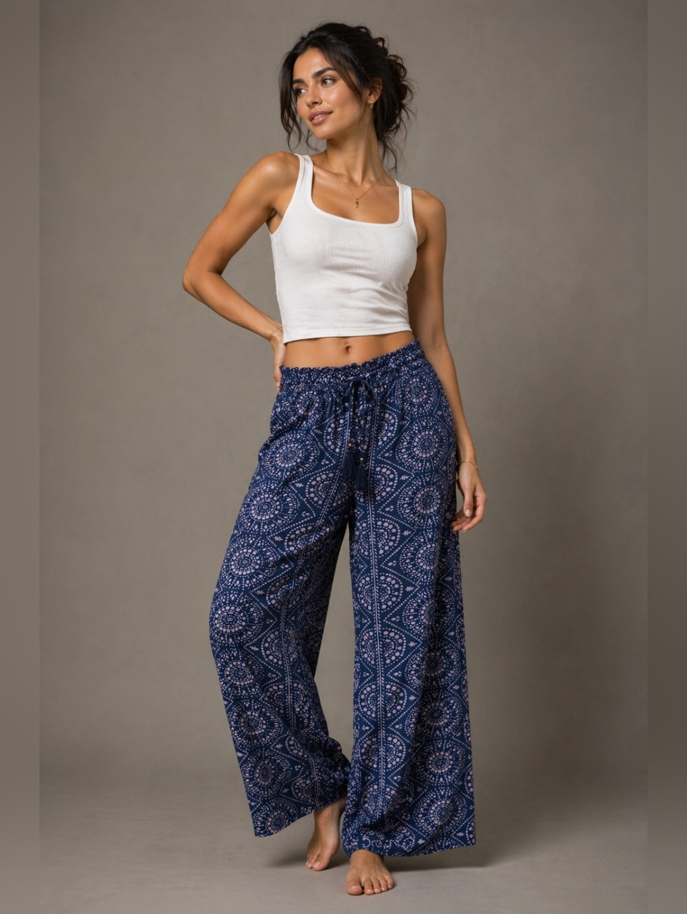Soft Surroundings Blue Boho Wide Leg Pants Rayon Tie Waist Lounge S/M